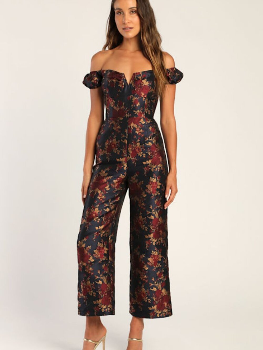 Lulus New Glam Navy Floral Jacquard Off Shoulder Jumpsuit XS